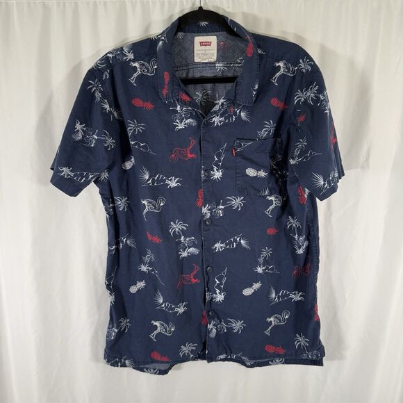 Levis Polo Shirt Men's Large Blue Pineapple Palm Trees Short Sleeve Button Up - Picture 1 of 11